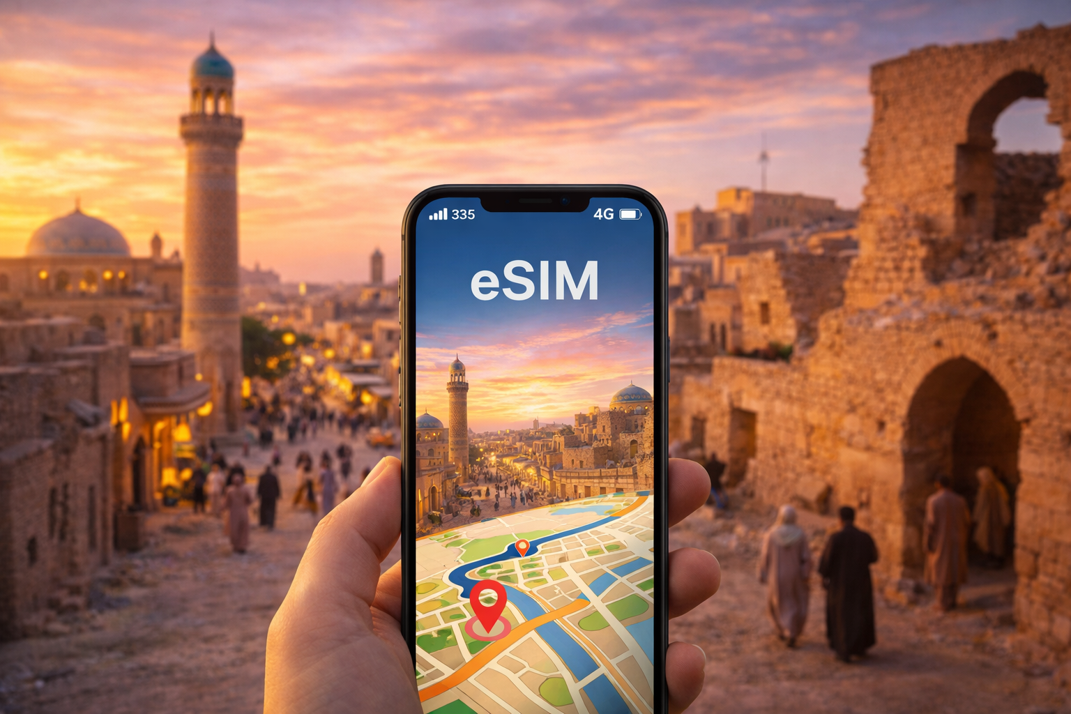 Smartphone con eSIM activada sobre el fondo de la arquitectura histórica de Irak