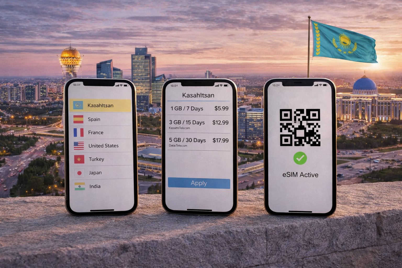 تفعيل eSIM لكازاخستان على هاتف ذكي مع اختيار باقات الإنترنت المحمول على خلفية أستانا