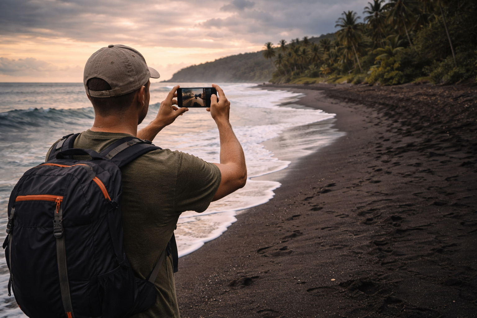 Turyści spacerują po plaży Rosalie Bay na Dominice i korzystają z internetu eSIM do nawigacji i zdjęć