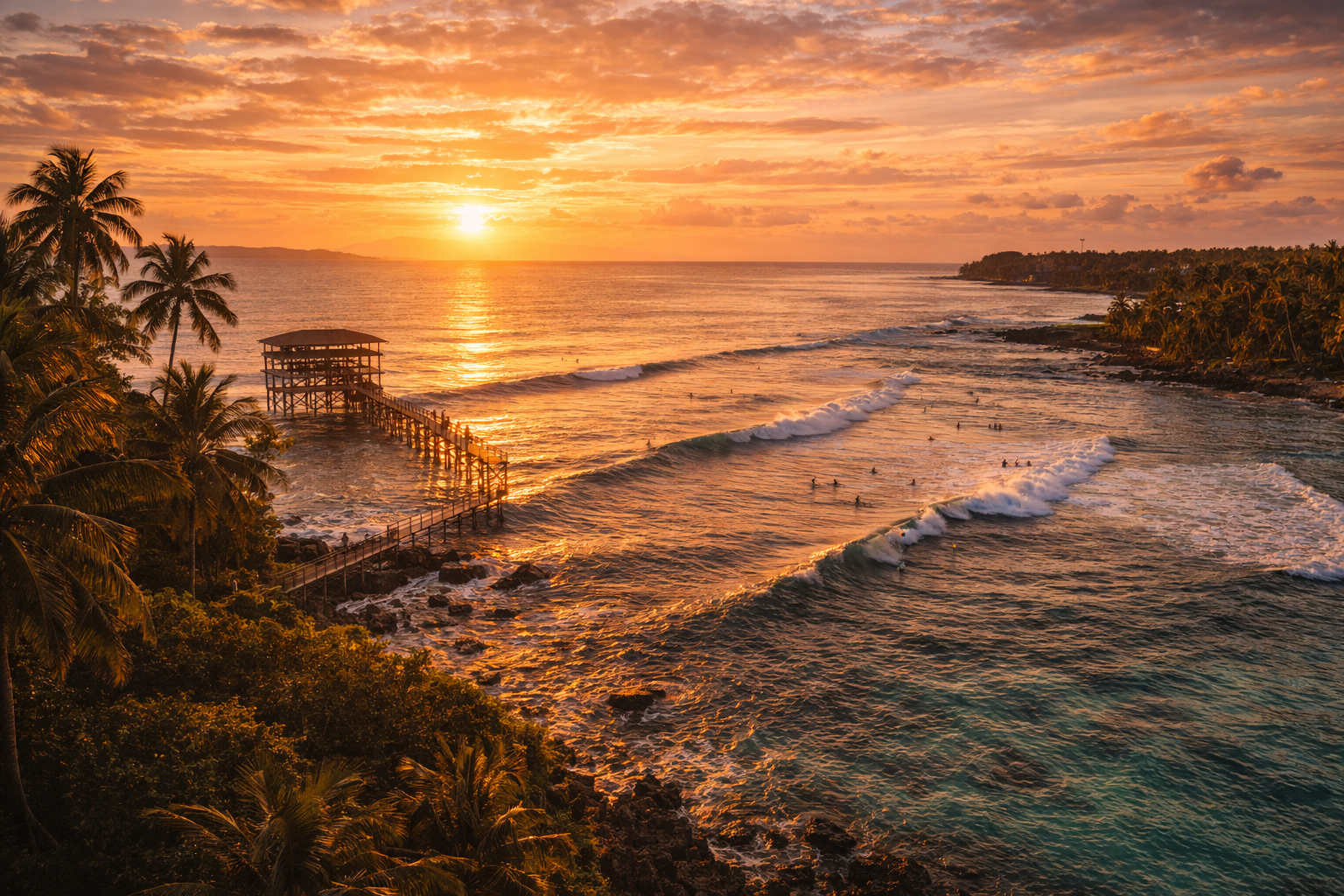 Surfing on Siargao Island among palm trees and ocean waves.