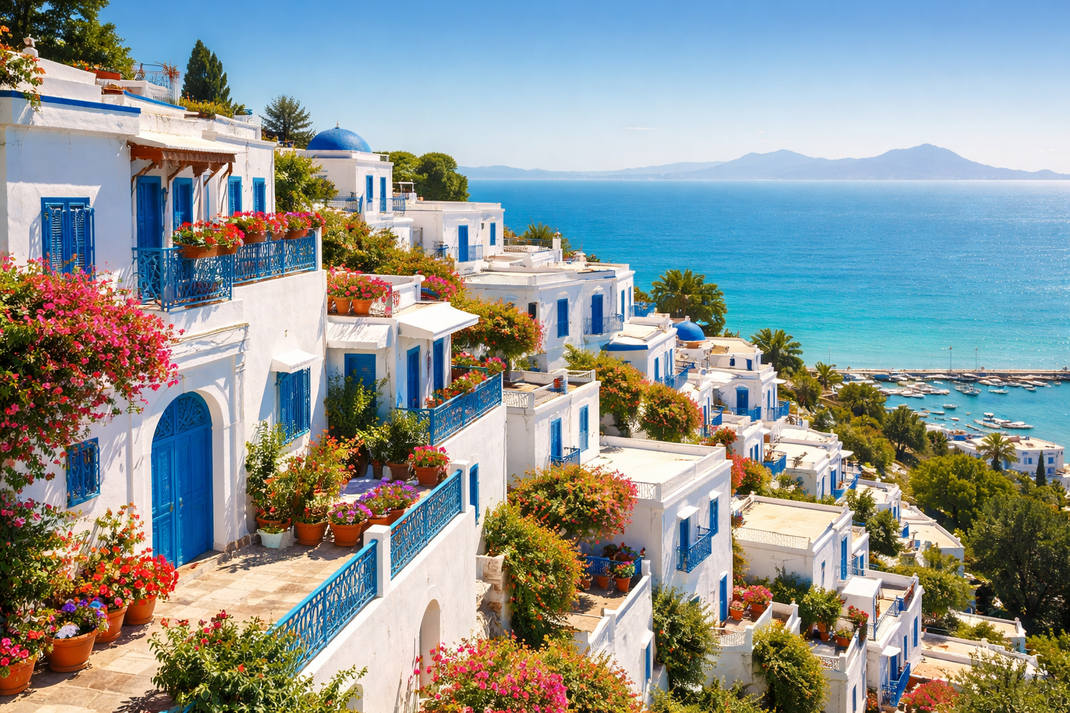 Smal gate i Sidi Bou Said med hvite hus og blå dører