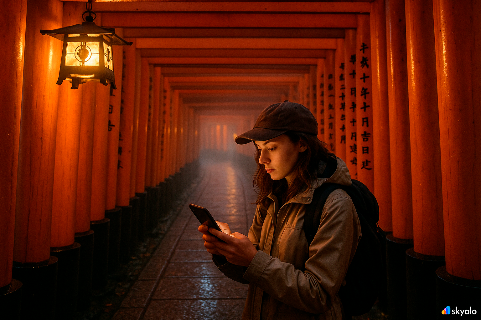 Traveler among the red torii gates in Kyoto, checking the map on her smartphone beneath lantern light