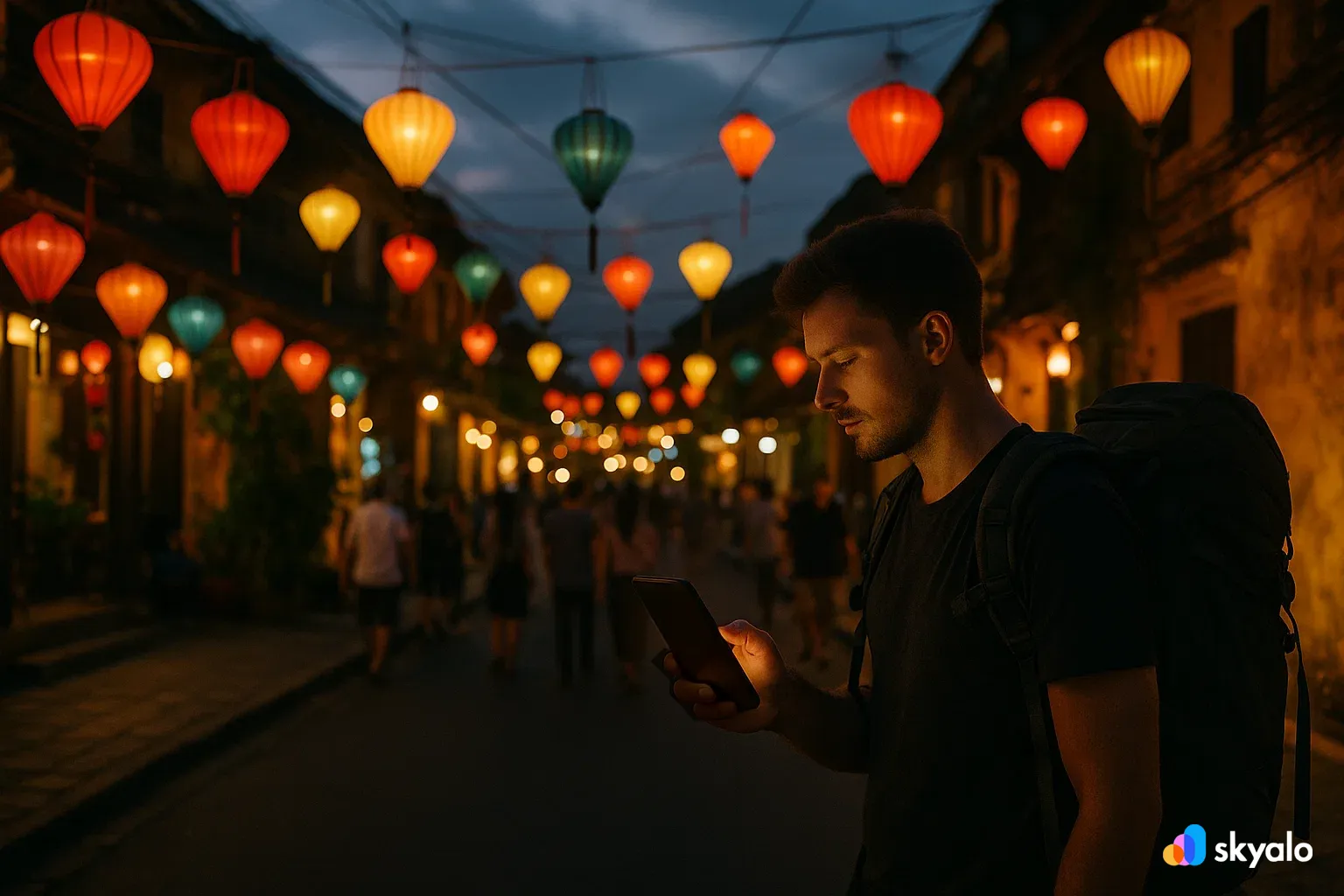 Lantern street in Hoi An, traveler with eSIM booking hotels on the go