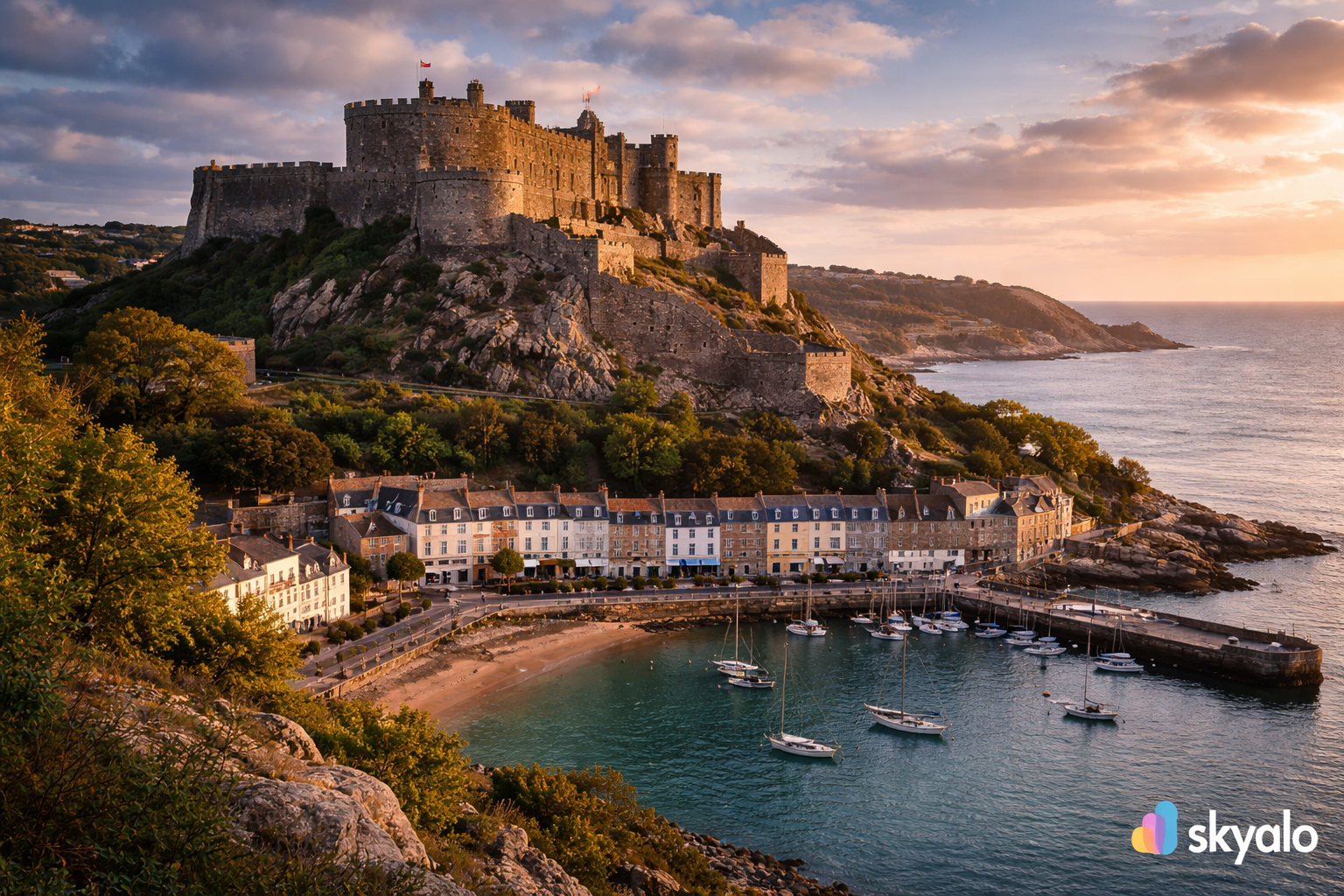 טירת מון אורגיי ההיסטורית בג'רזי על גבעה מעל החוף עם מגדלים, חומות אבן ונוף לים.