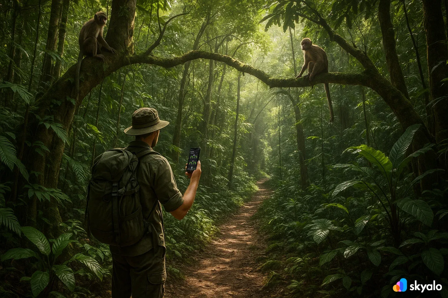 Cuc Phuong National Park jungle, traveler with eSIM photographing monkeys in the trees