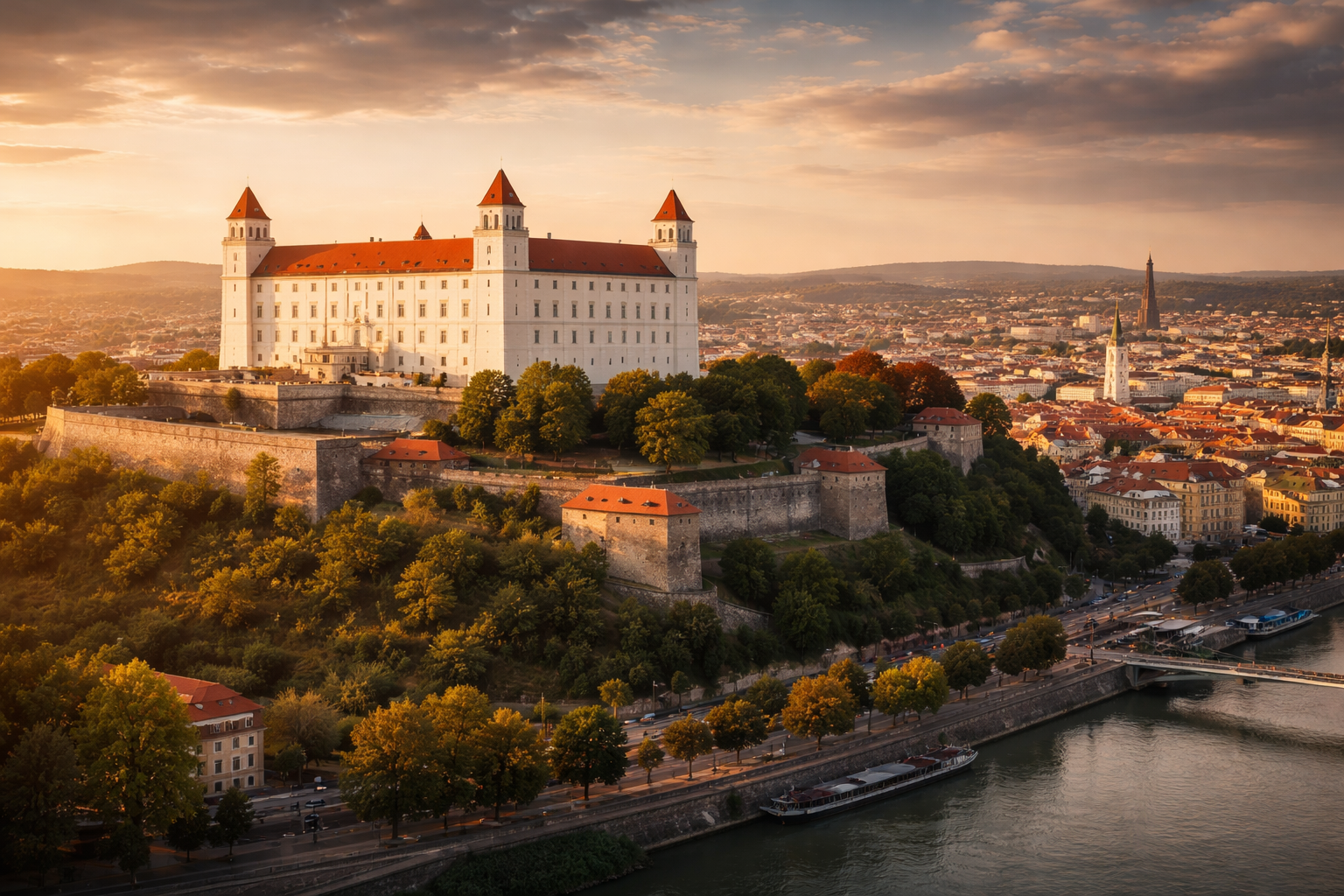 טירת ברטיסלבה על גבעה גבוהה מעל הדנובה באור ערב חמים עם נוף פנורמי על בירת סלובקיה
