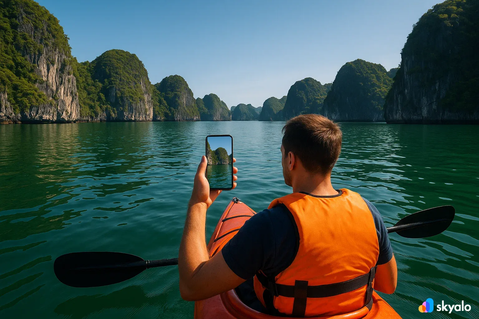 Kayaker in Lan Ha Bay, traveler with eSIM sending photos of limestone cliffs
