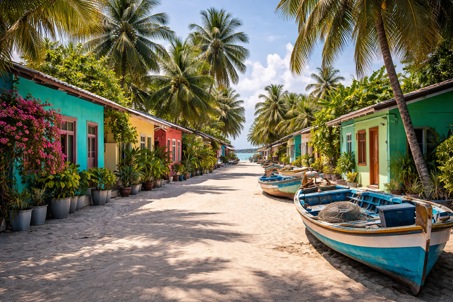 A street on a local island with traditional homes and boats