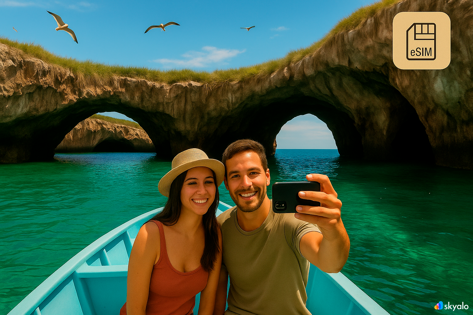Couple on a boat at the Marietas; selfie with sea arches and turquoise water, gulls overhead; sharing via eSIM