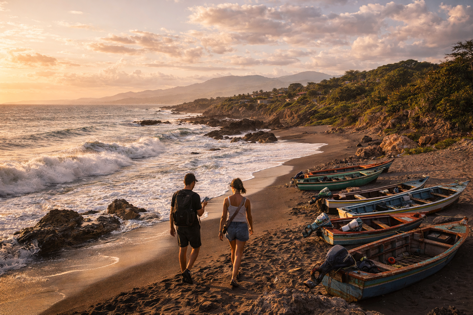 Treasure Beach on the South Coast, tourists mid-frame walking along the shore, one using a smartphone