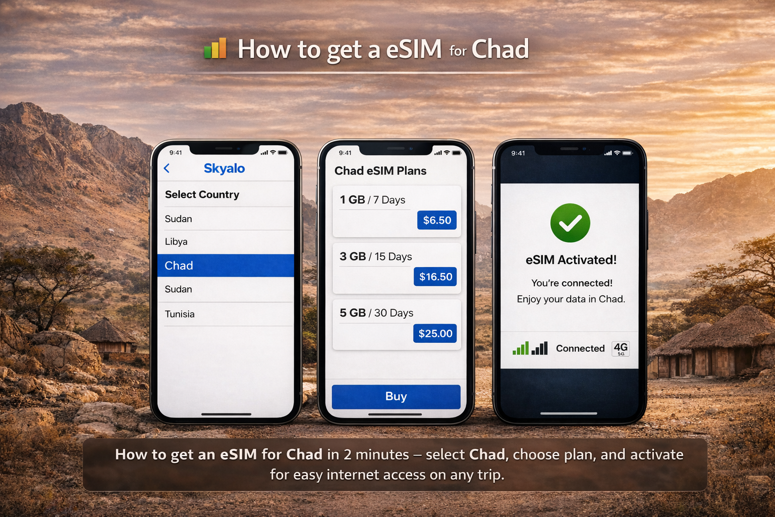 שלושה סמארטפונים עם התקנת eSIM לצ'אד שלב-אחר-שלב על רקע נוף אפריקאי: בחירת מדינה, בחירת חבילה והפעלה מוצלחת של האינטרנט