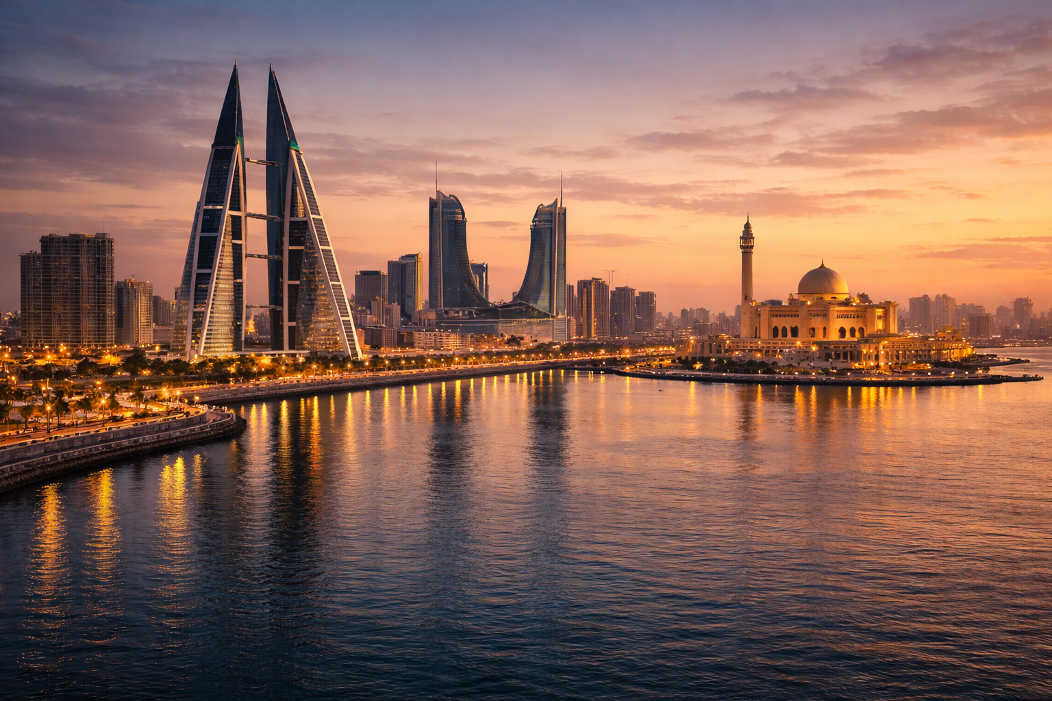 קו רקיע עירוני מודרני של מנאמה עם גורדי שחקים והשתקפות במים בשקיעה בבחריין