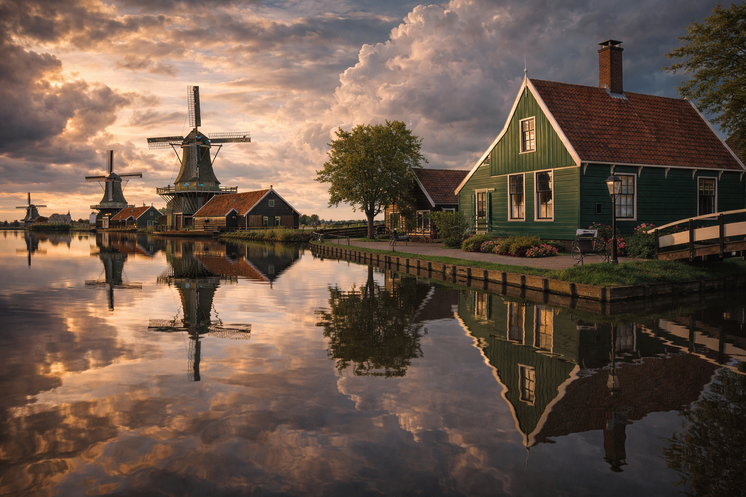 Zaanse Schans windmills and green houses