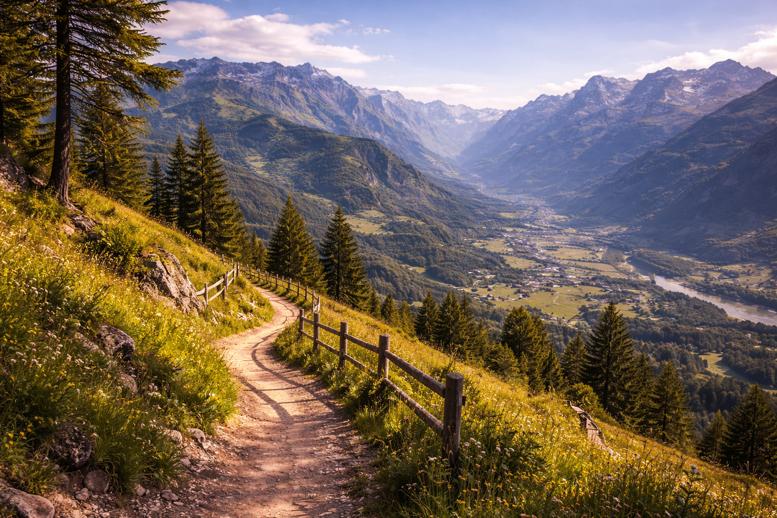 Alpine trails with mountain paths, valleys, and panoramic views