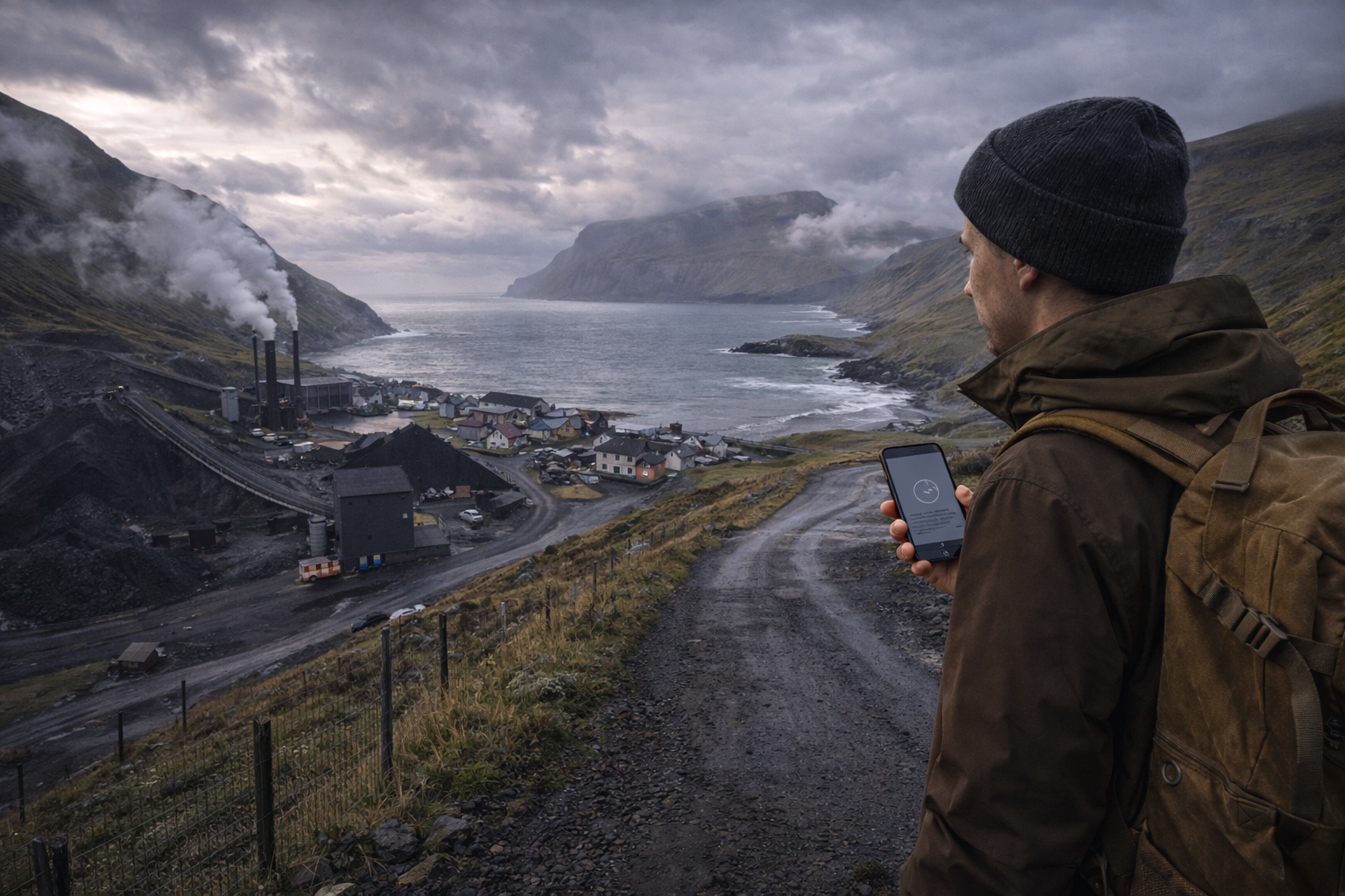 Osada Hvalba o industrialnym charakterze, z górami i oceanem oraz podróżnikiem z eSIM na Wyspach Owczych