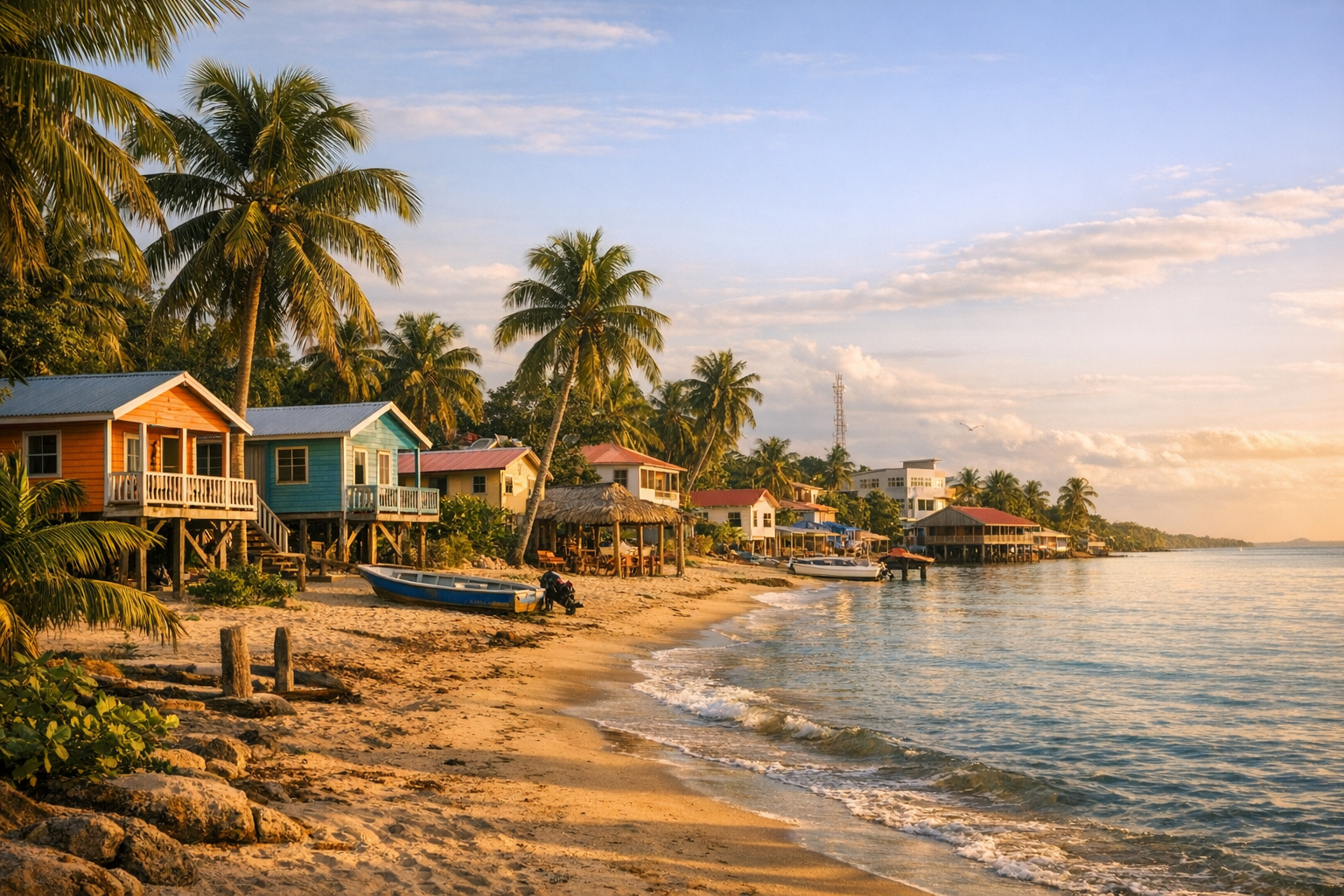Прибережне селище Хопкінс із пальмами, будинками та видом на море в Белізі