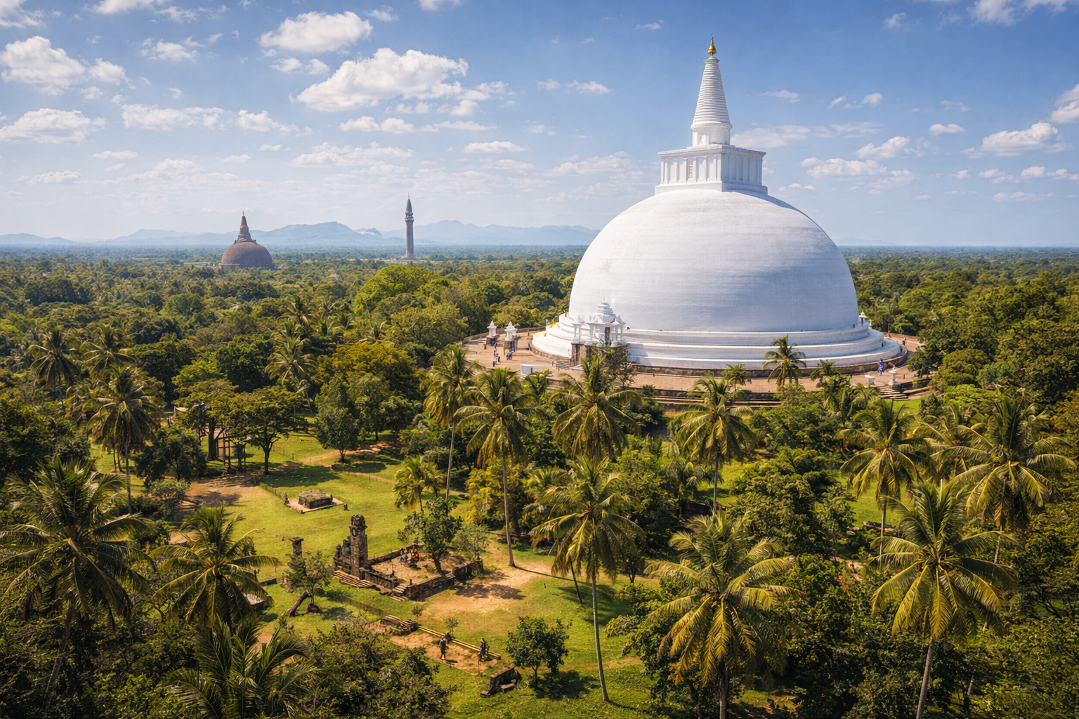 Ancient stupas of Anuradhapura among palms and tropical trees in Sri Lanka.
