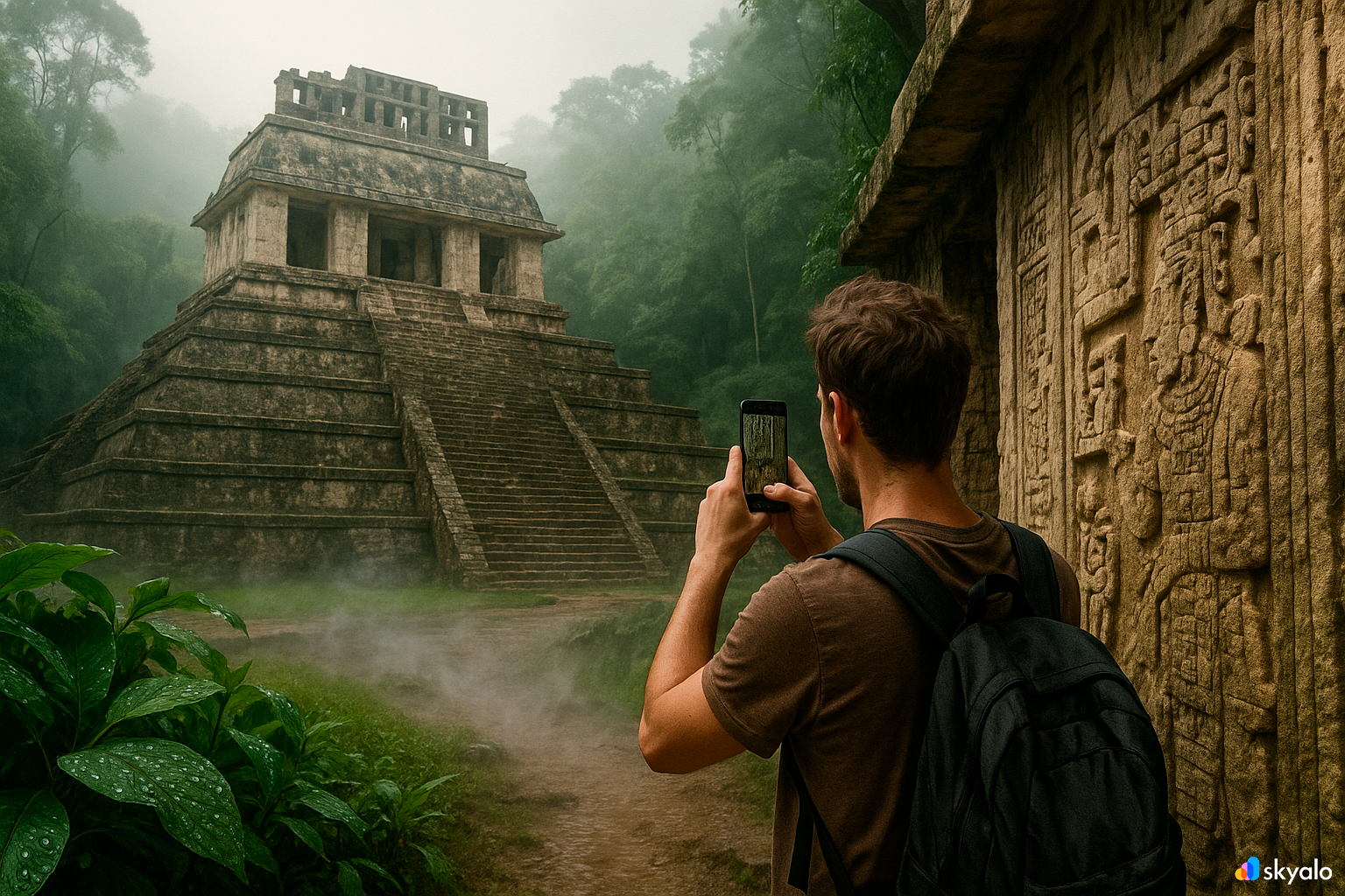 Tourist photographing the Temple of the Inscriptions in Palenque; wet forest, gleaming stone, vines, and a thin trail of mist