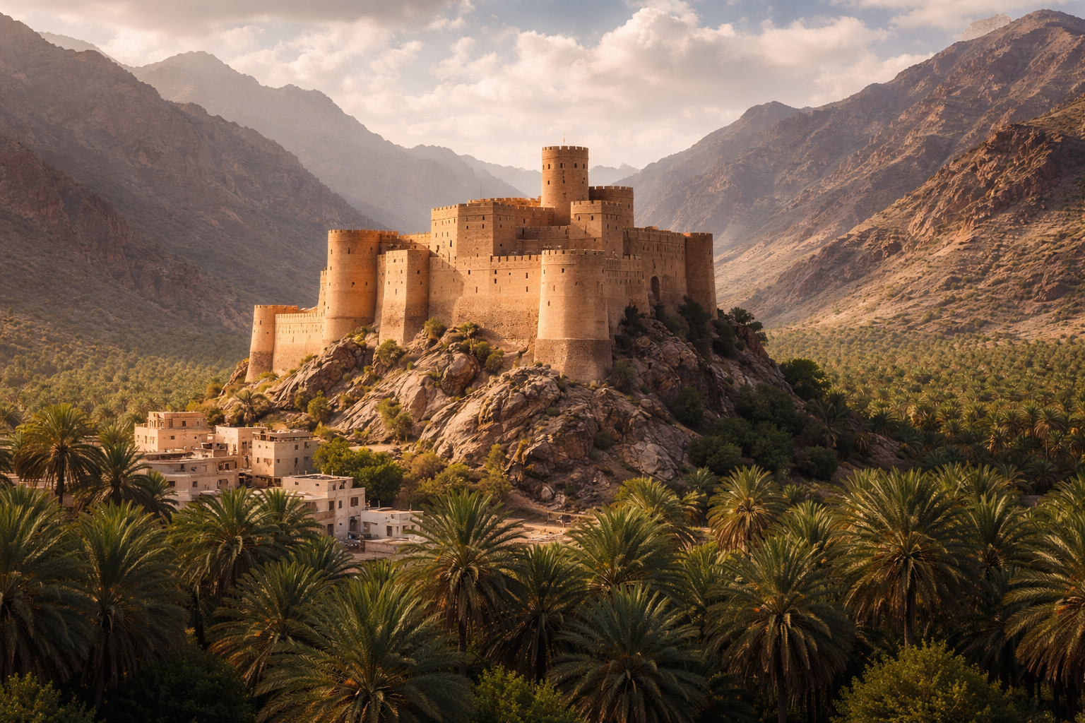 Το φρούριο Ναχλ πάνω στον βράχο ανάμεσα σε φοινικόδεντρα