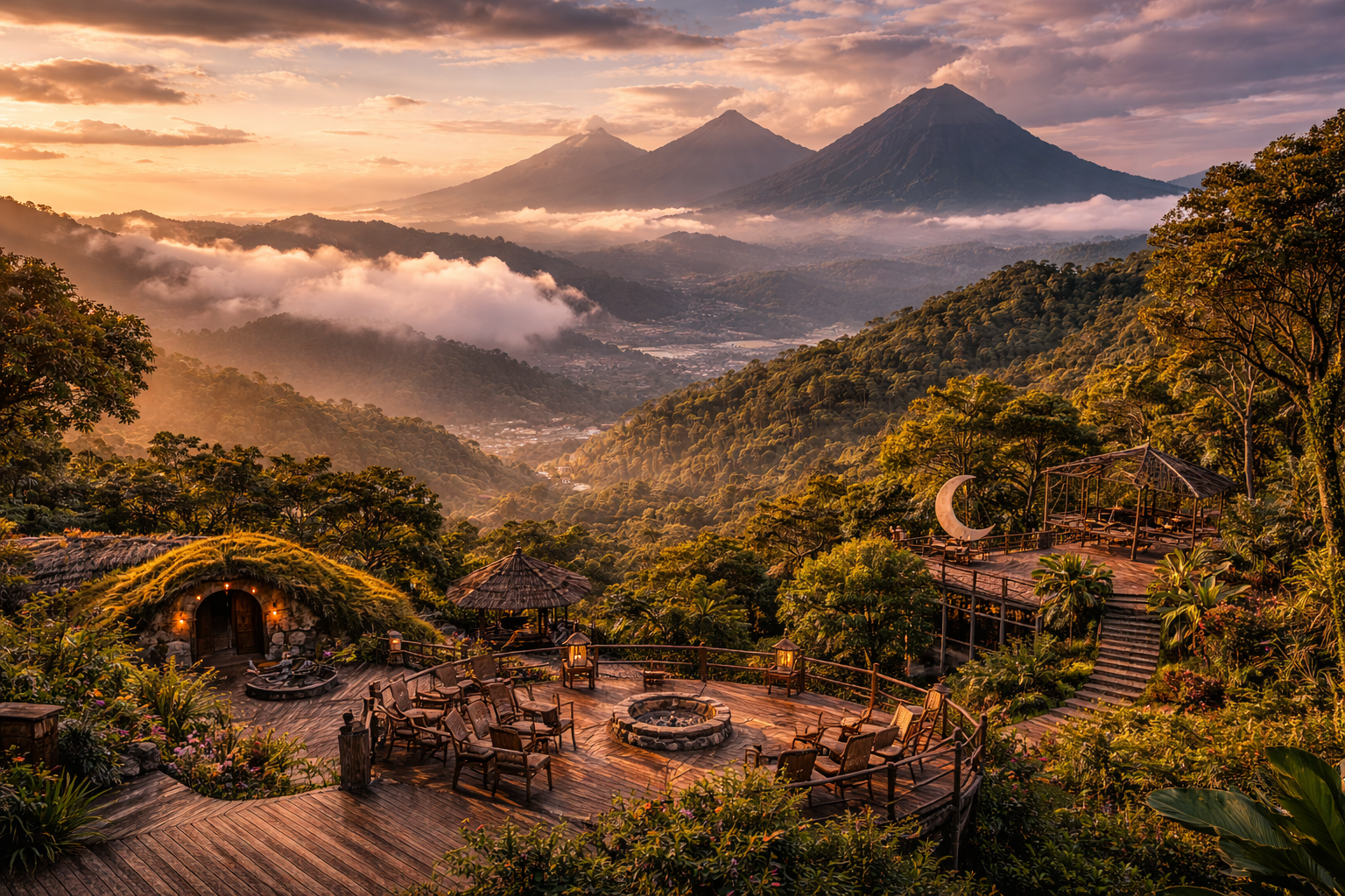 חוב טננגו בגואטמלה עם נופים פנורמיים להרים, פלטפורמות תצפית מעץ ואור רך מעל העמק