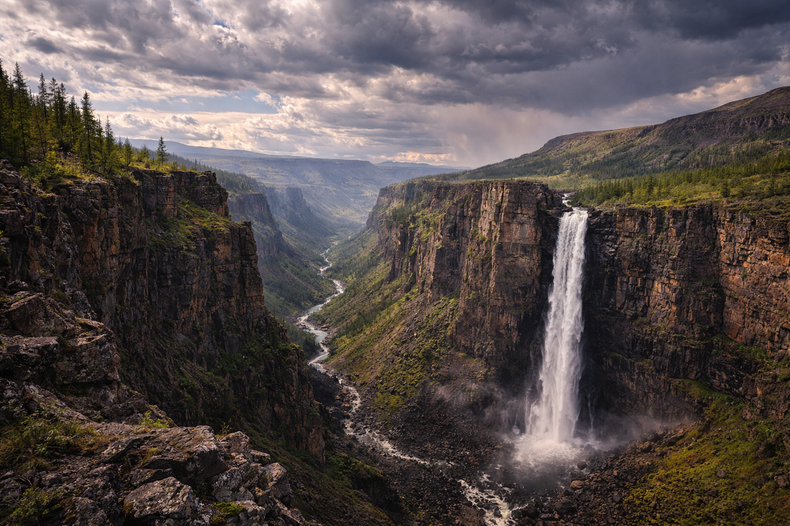 Altopiano di Putorana con cascata e canyon.