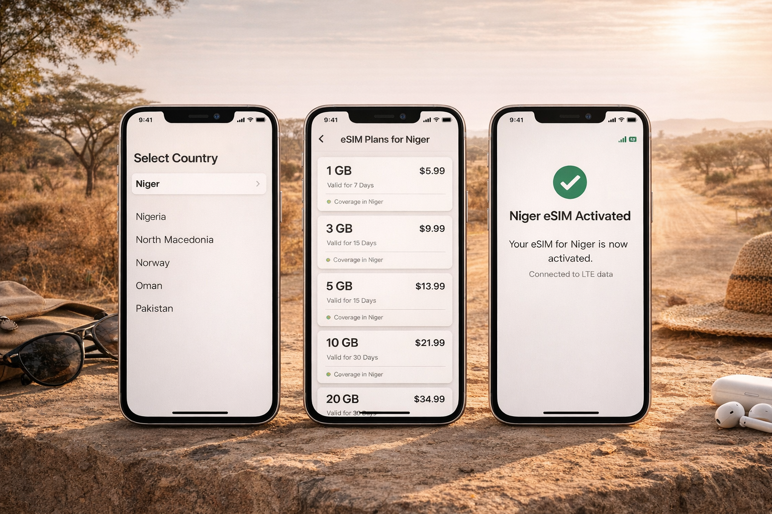 שלושה סמארטפונים עם חיבור eSIM לניז'ר שלב-אחר-שלב: בחירת המדינה, בחירת החבילה והפעלה מוצלחת של האינטרנט.