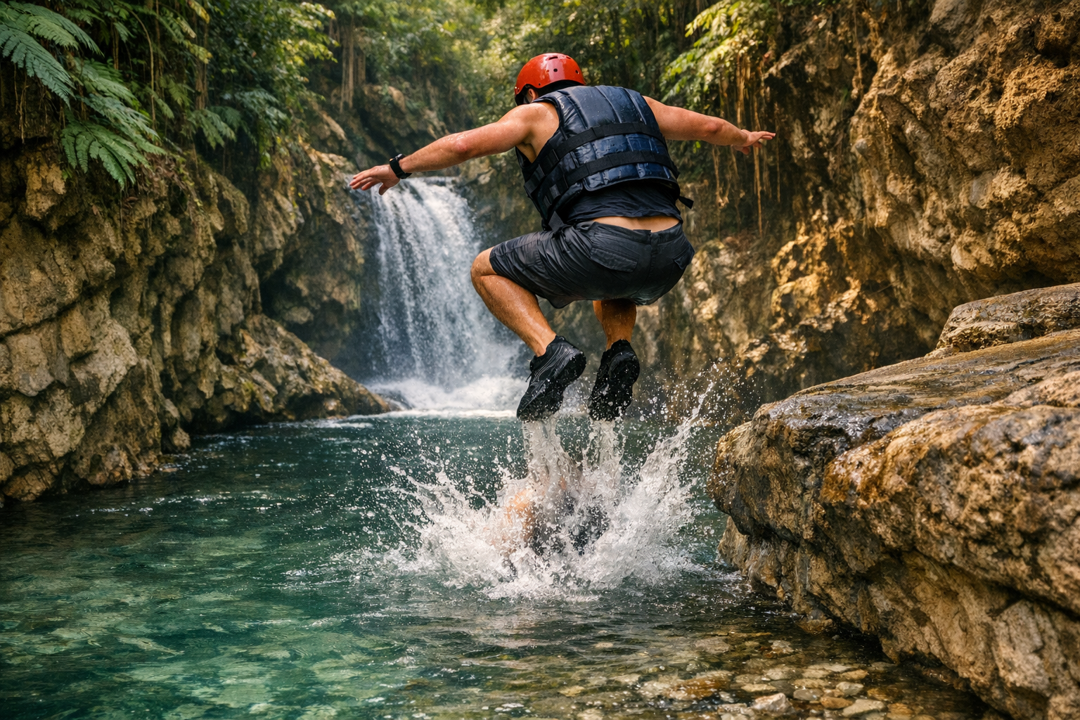 Una persona saltant en una piscina natural de les cascades de Damajagua entre la selva