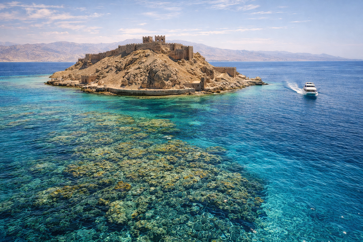 The fortress on Pharaohs’ Island in the Red Sea and boats with tourists — traveling in Egypt with eSIM internet