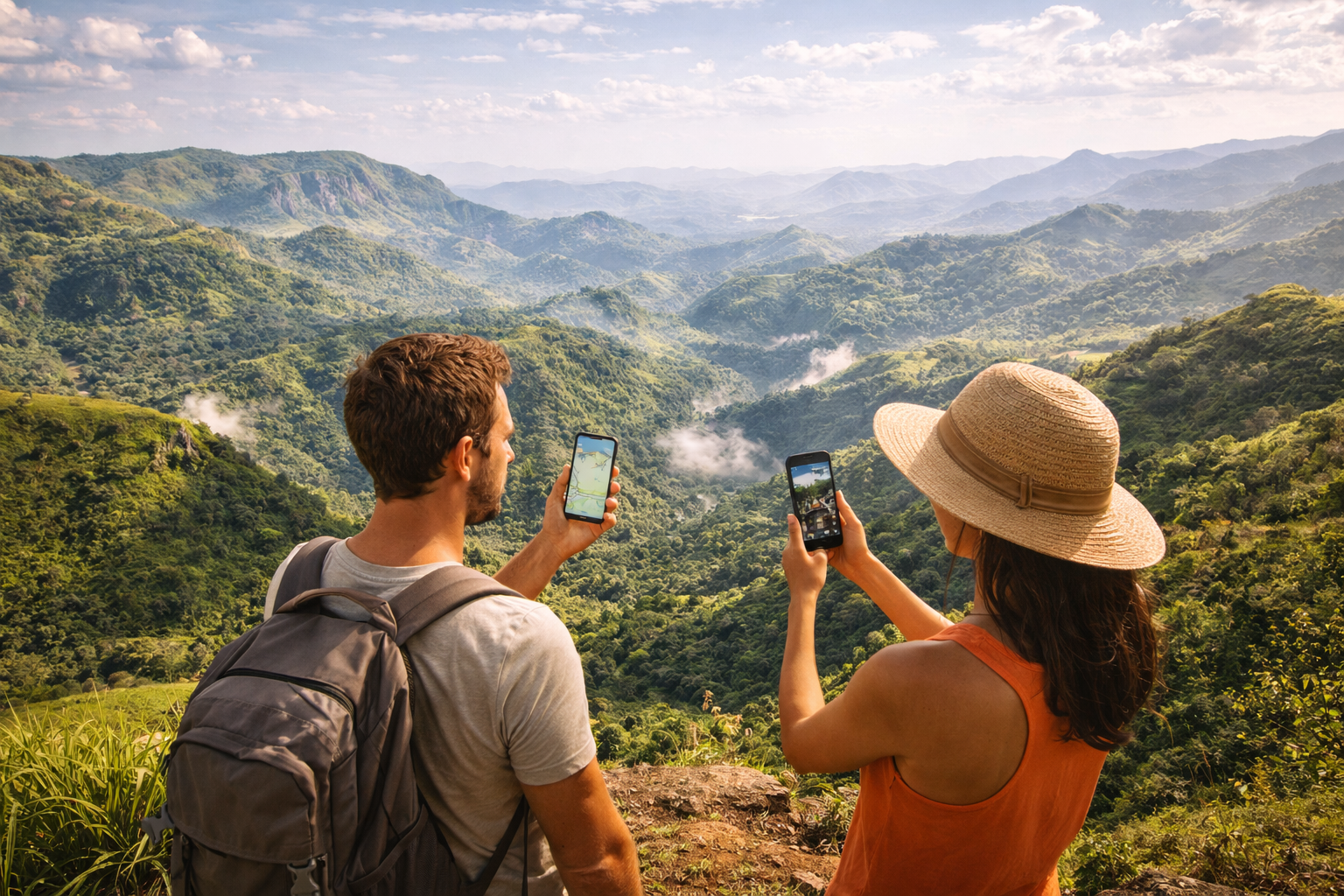Monti Fouta Djallon in Guinea: viaggiatori usano uno smartphone con eSIM