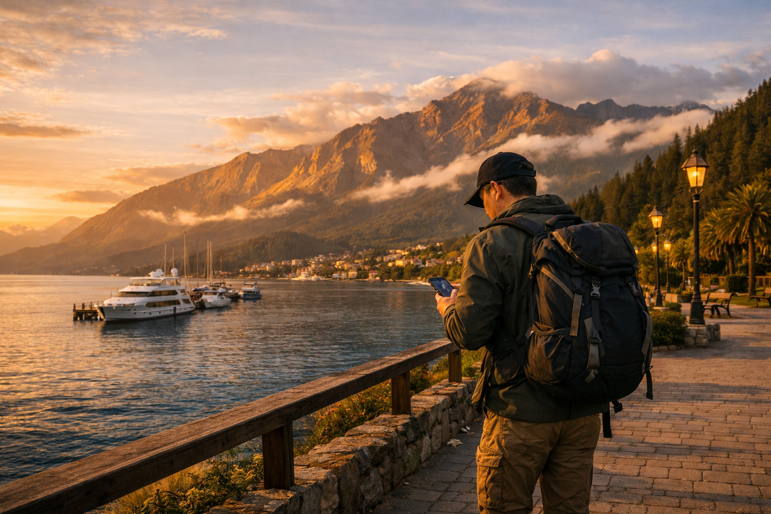 Ceļotājs Kvīnstaunas promenādē ar skatu uz ezeru un kalniem