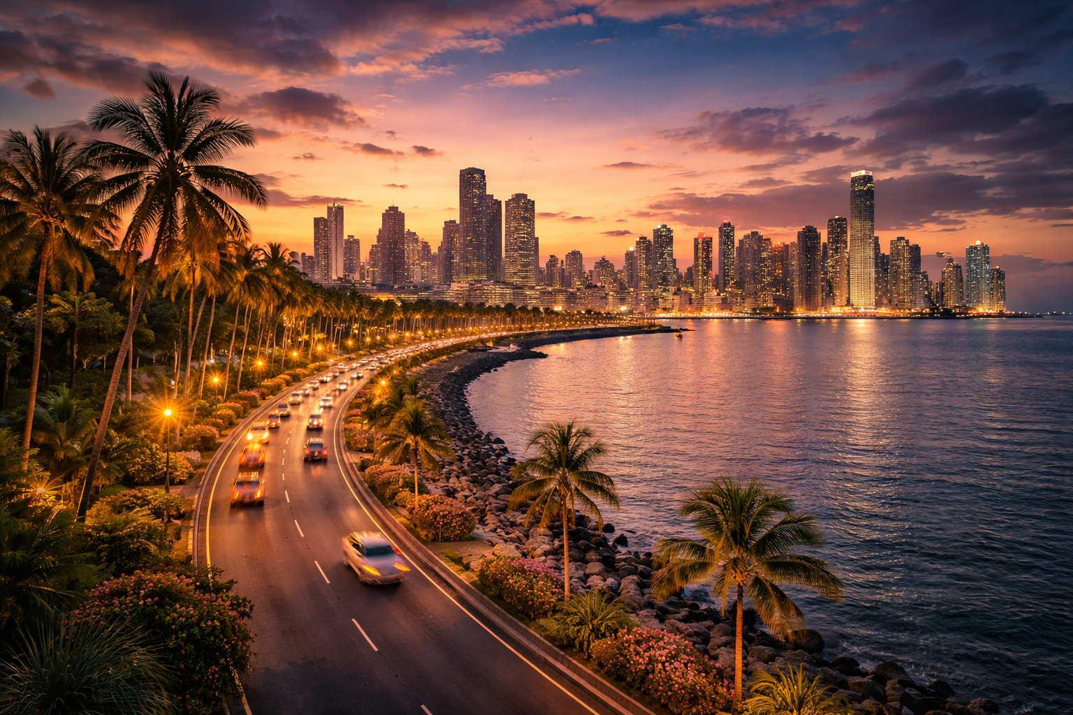 The Amador Causeway waterfront with a view of Panama City