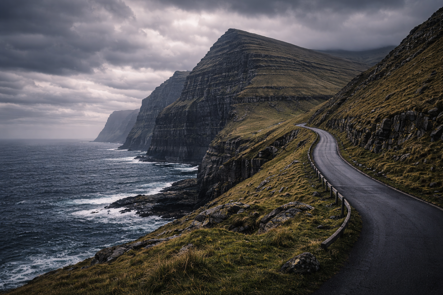 Surowy północny krajobraz wyspy Viðoy z wysokimi urwiskami, drogą i ciemnym oceanem na Wyspach Owczych