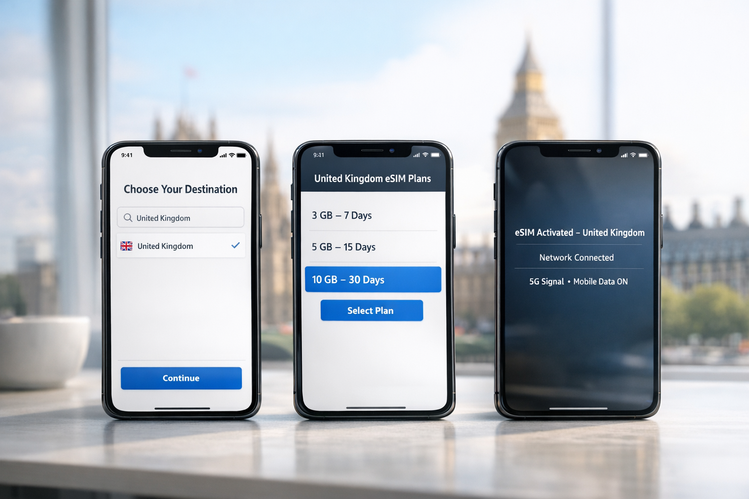 Setting up eSIM on three smartphones: selecting the country, choosing a plan, and successful activation