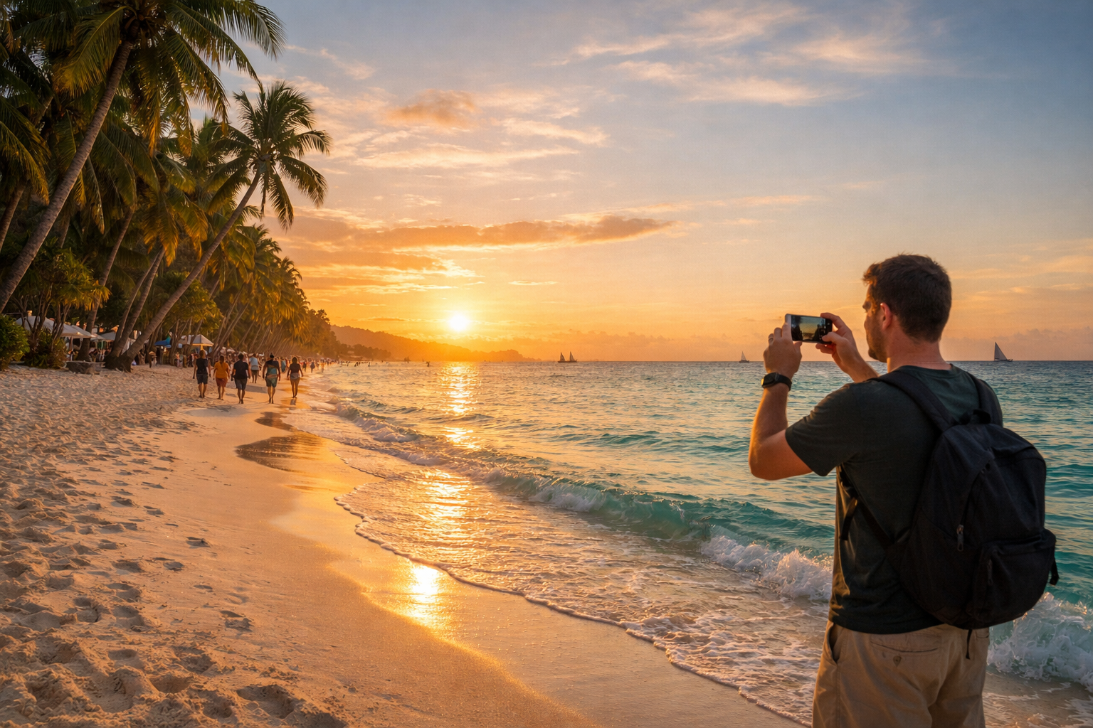 Boracay’s white-sand beach with palm trees and turquoise water.