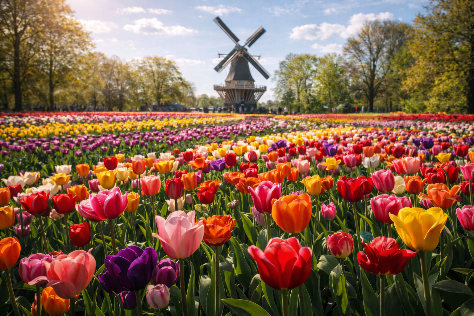 Blooming tulip fields in Keukenhof in spring