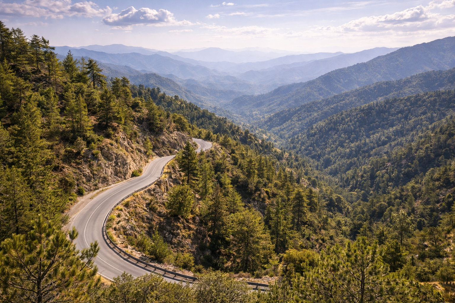 Paesaggio montano dei Troodos a Cipro, con foreste di pini e strade tortuose.