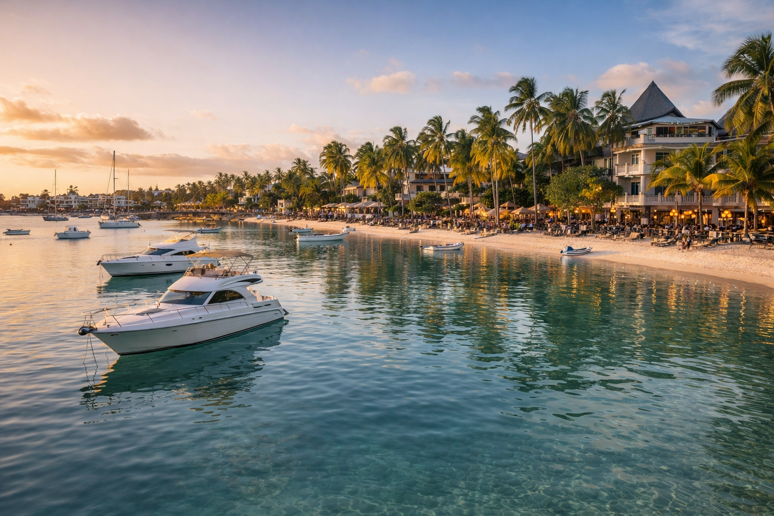 Grand Baie resort area in Mauritius with a beautiful bay, boats, palms, and a lively waterside atmosphere