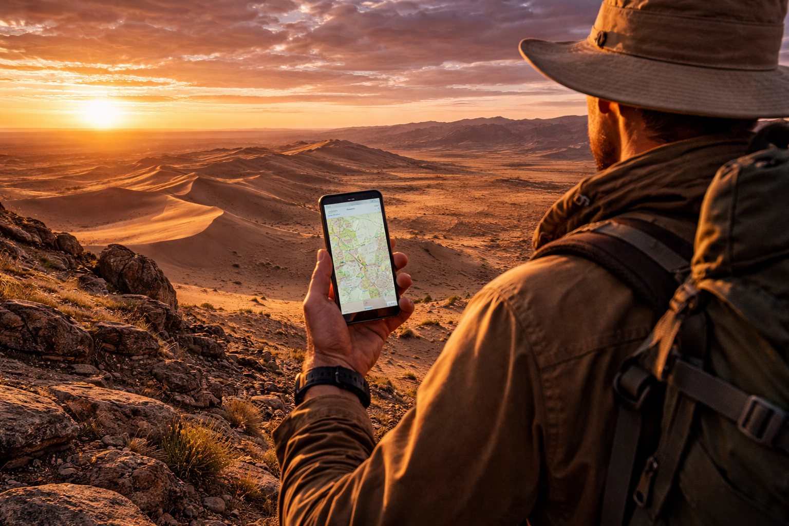 El desierto del Gobi con dunas, relieve pedregoso, un horizonte lejano y un viajero con smartphone y eSIM activa usando la navegación