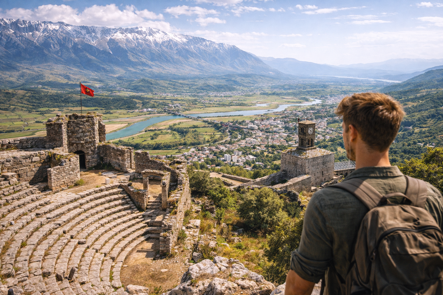 A fortress view over mountains and a valley in Albania