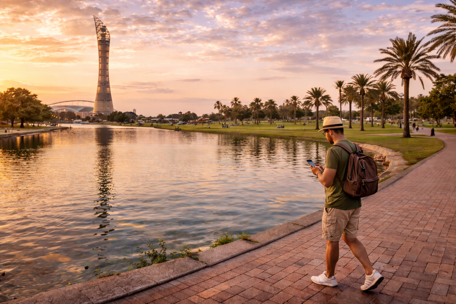 הפארק הירוק אספייר בדוחא עם אגם, דקלים, שבילי הליכה, נוף למגדל ואדם עם סמארטפון שמשתמש ב-eSIM לניווט נוח במסלול