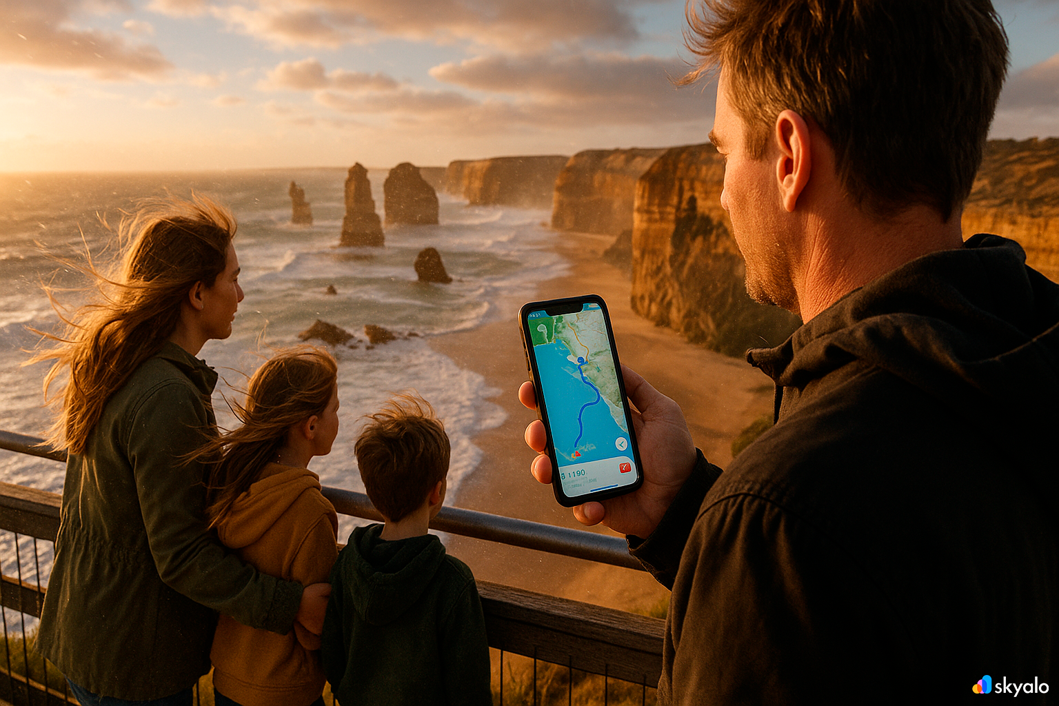 Family at the Twelve Apostles lookout on the Great Ocean Road; wind, sea spray, and a golden horizon