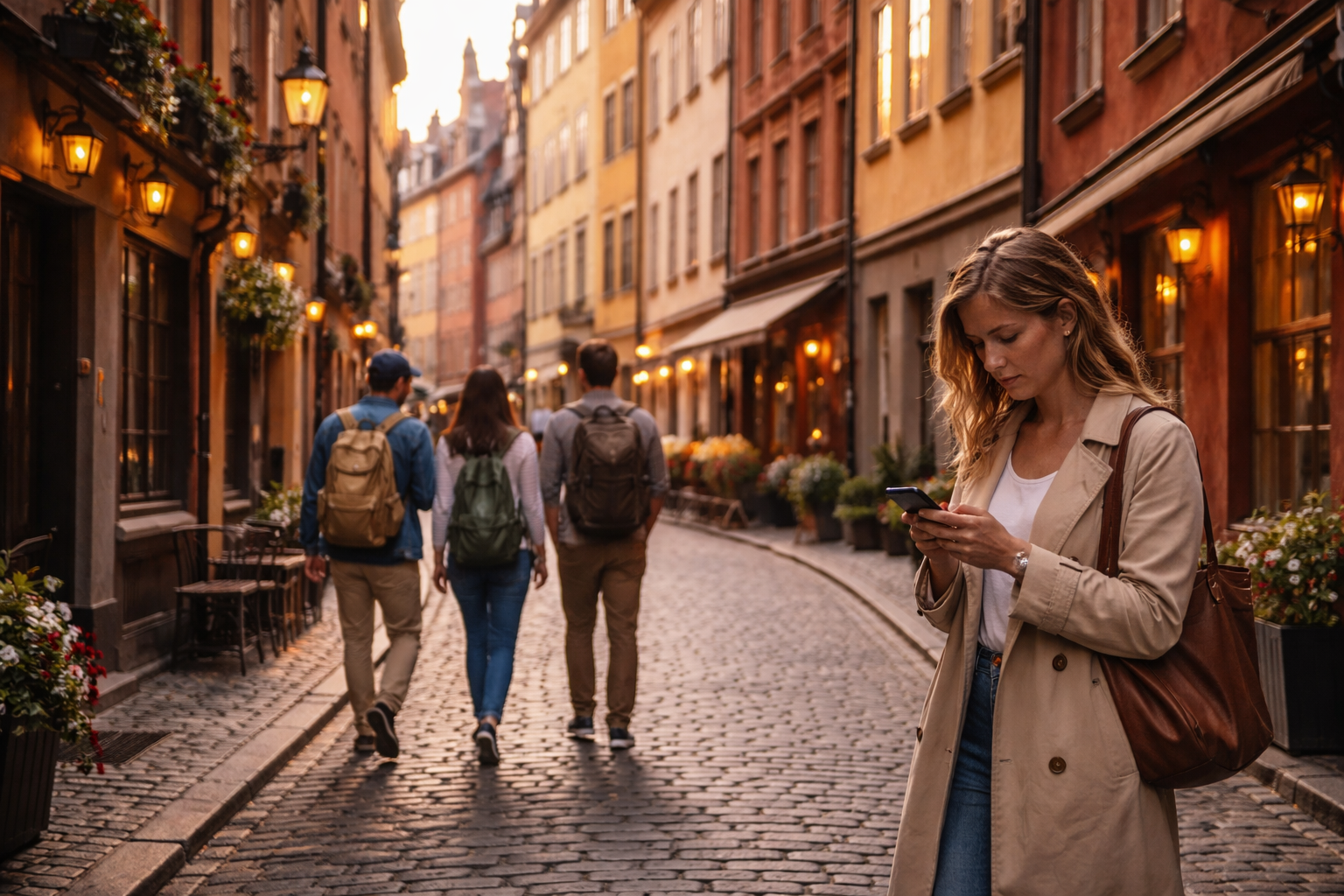 Stockholm’s Old Town, Gamla Stan, at sunset; a tourist in the background checks a map on her phone