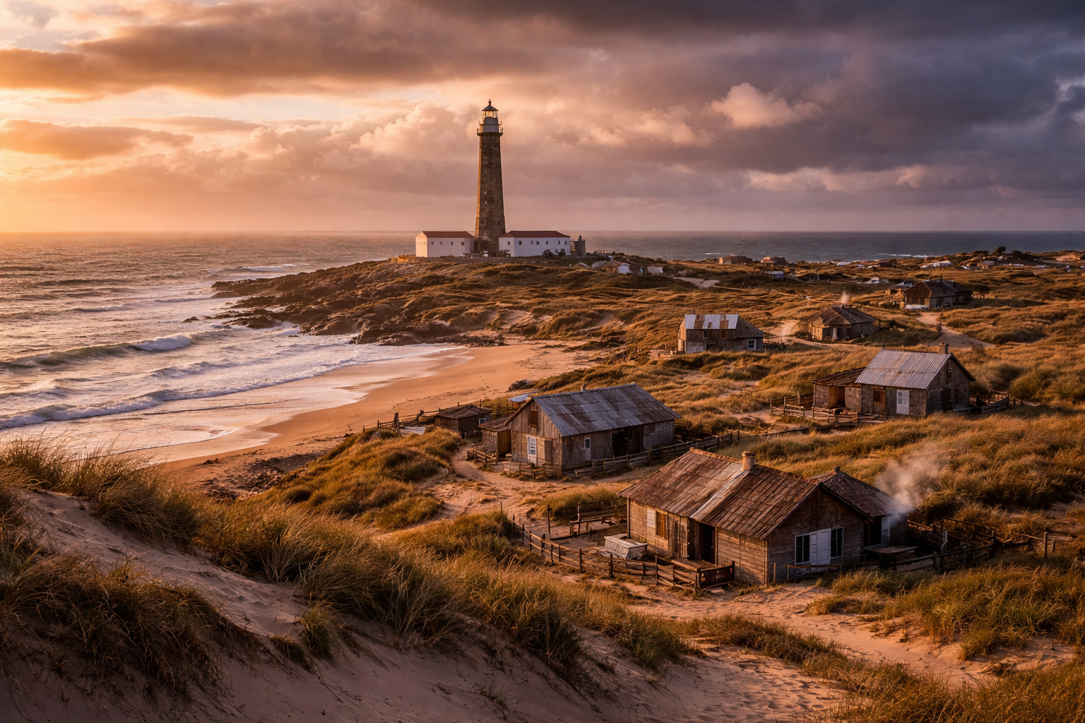 カボ・ポロニオの砂丘、海、灯台、ウルグアイのワイルドな自然、道路も近代インフラもない遠隔地