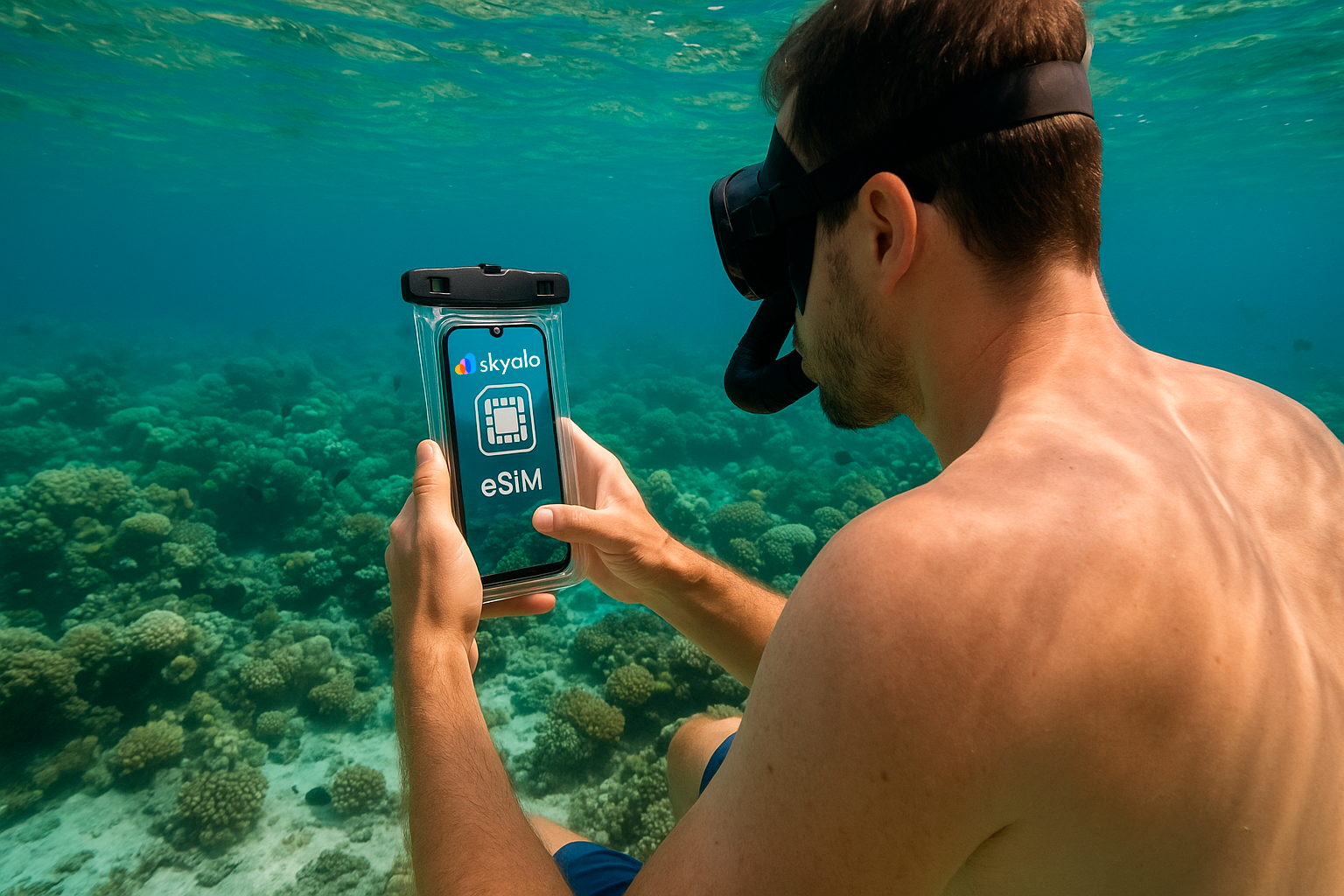 Snorkeling at Ningaloo; underwater life and eSIM access even at sea (surface), clear water and sandbars