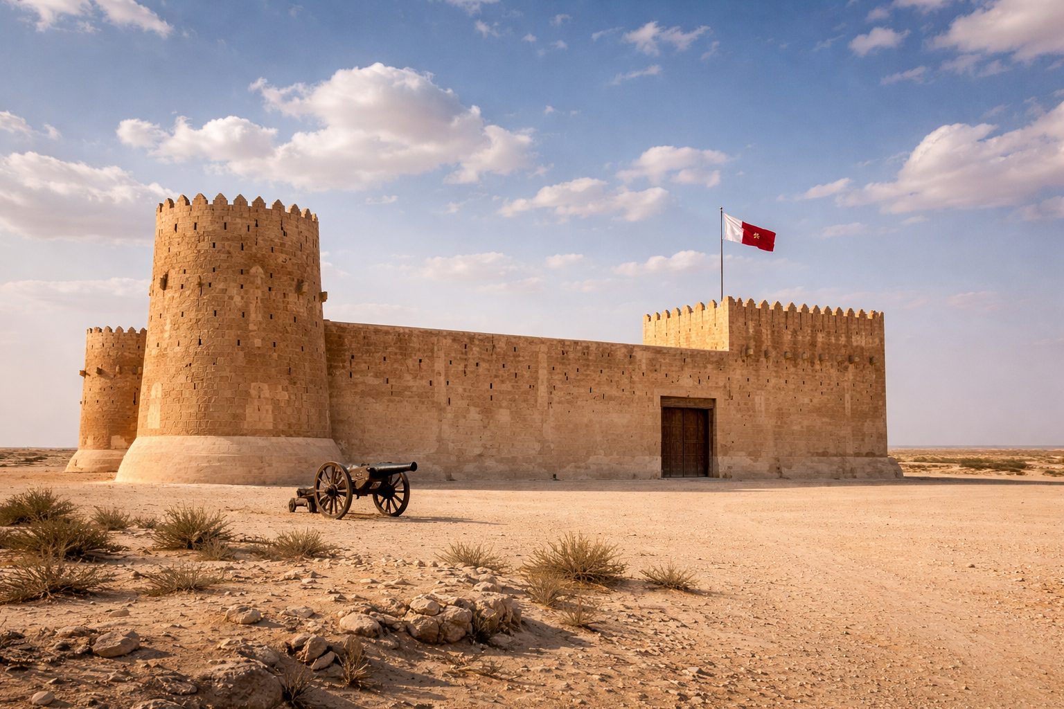המצודה ההיסטורית אל-זובארה בנוף המדברי של קטאר עם מגדלים וחומות בהירות
