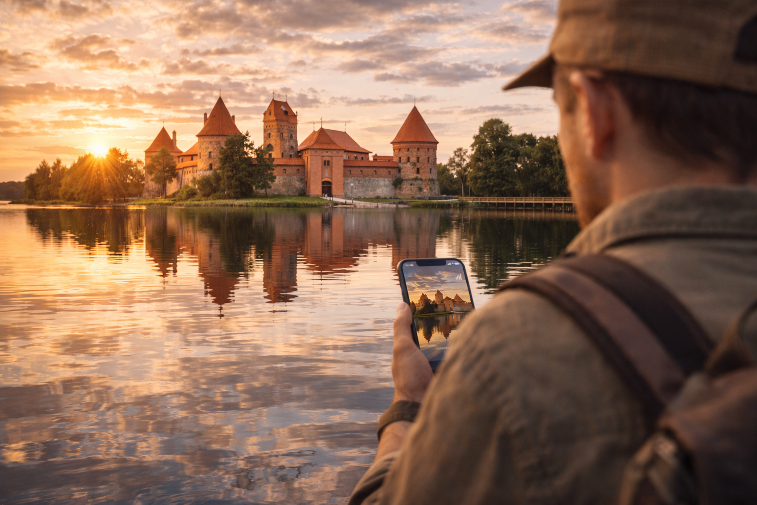Trakai Island Castle on Lake Galvė, a traveler navigating with a map on a smartphone with eSIM