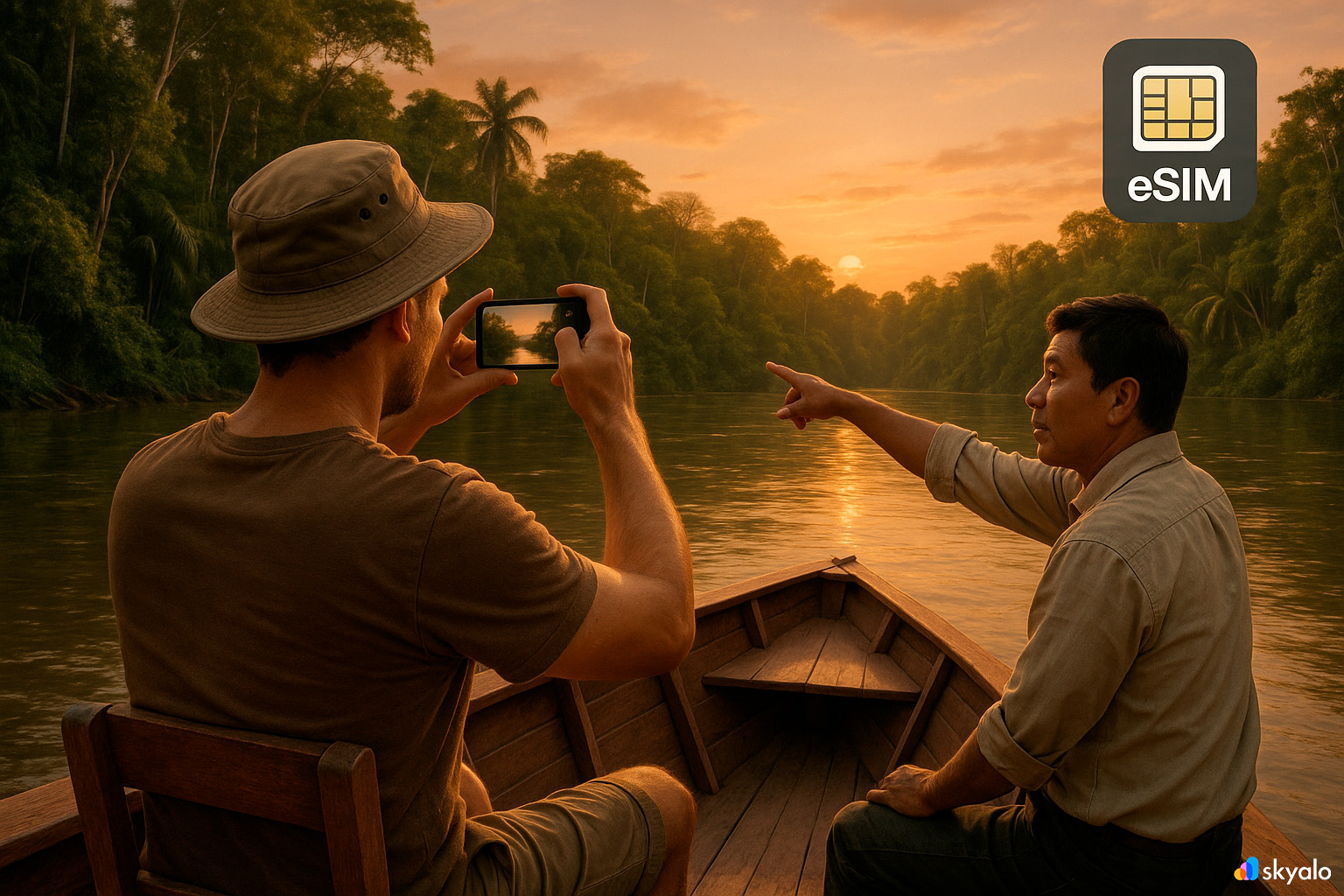 Guide with a tourist on the Amazon at sunset, photo uploaded via Skyalo eSIM, jungle reflections on water