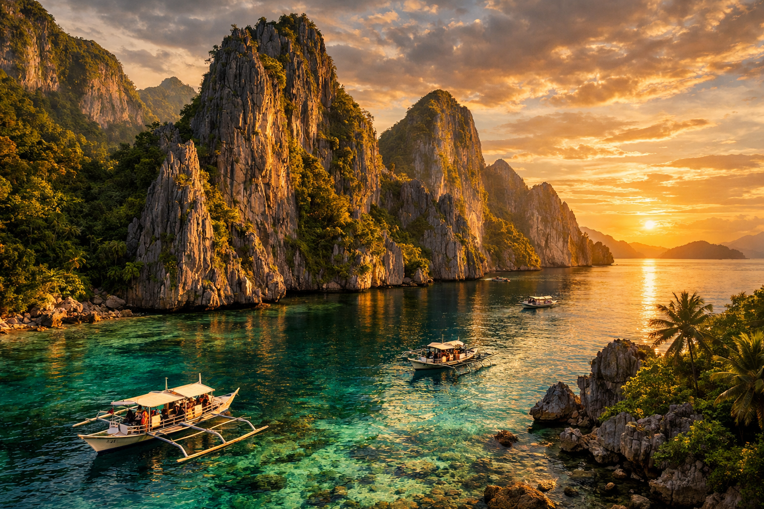 Limestone cliffs and a turquoise lagoon on Palawan Island in the Philippines.