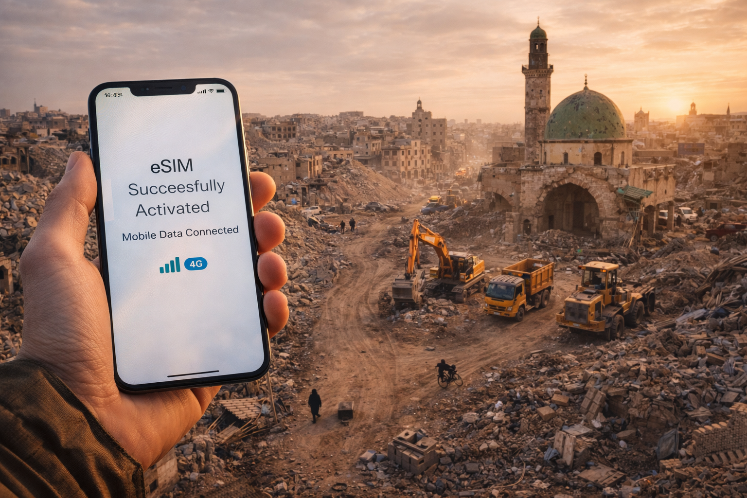 Viajero en la ciudad de Mosul usando un smartphone con internet eSIM frente a la arquitectura urbana