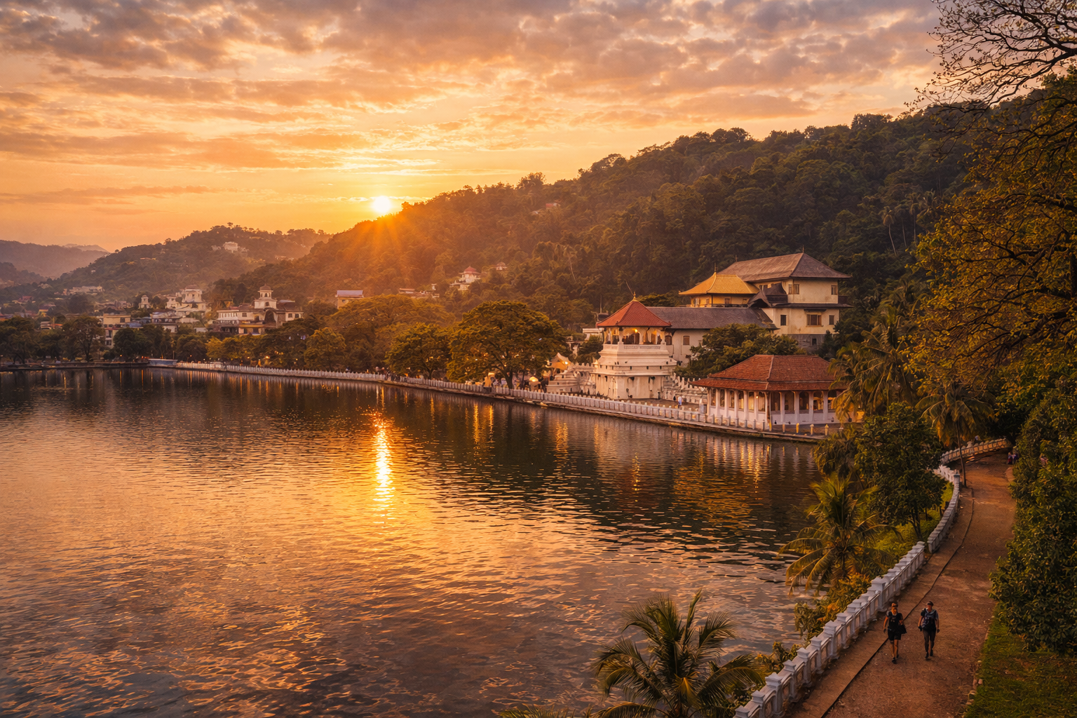 Kandy Lake and the Temple of the Tooth, surrounded by Sri Lanka’s green hills.